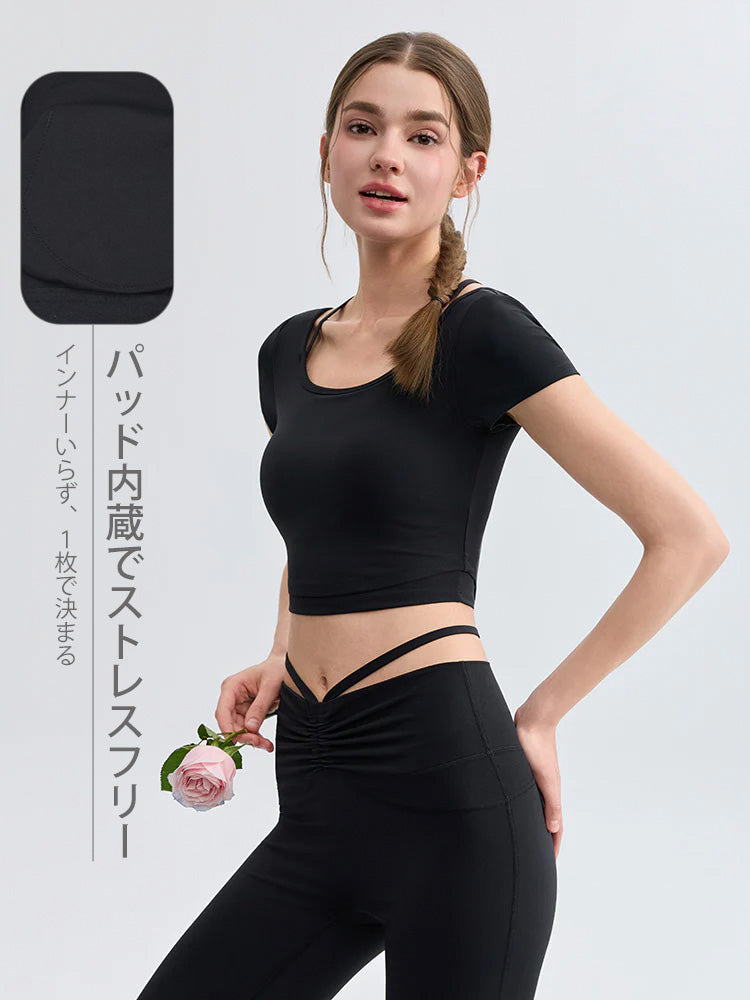 接触冷感 フェイクレイヤード クロップド丈 半袖 ピラティスウェア